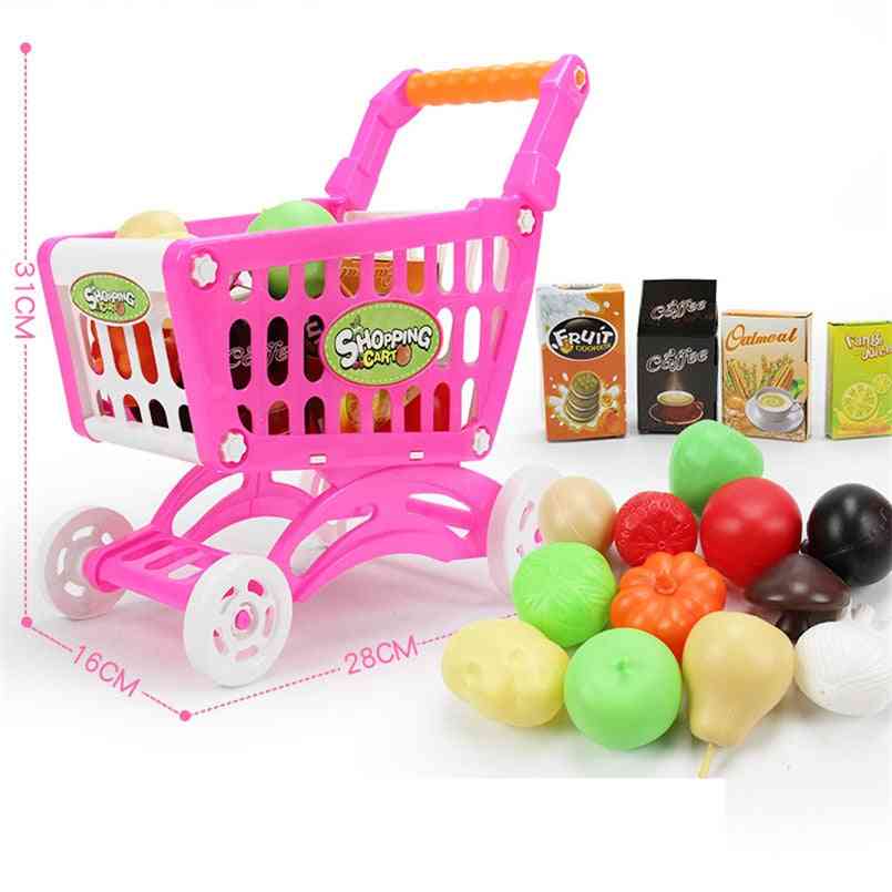 16pcs supermercado carrito de compras carrito de empuje, simulación frutas verduras pretent jugar comestibles juguete para niñas regalos para niños - azul