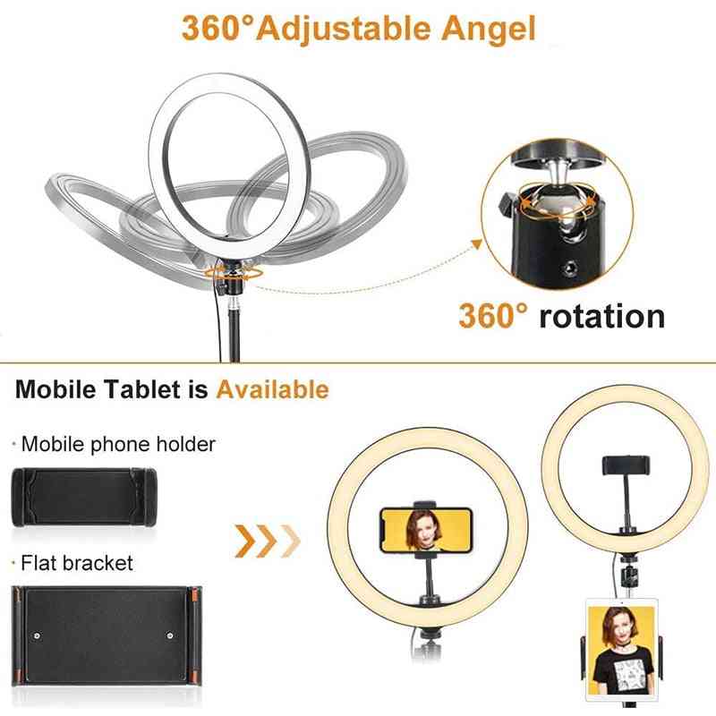 Dimmable Led Ring Light With Tripods Stand, Phone Holder Desk