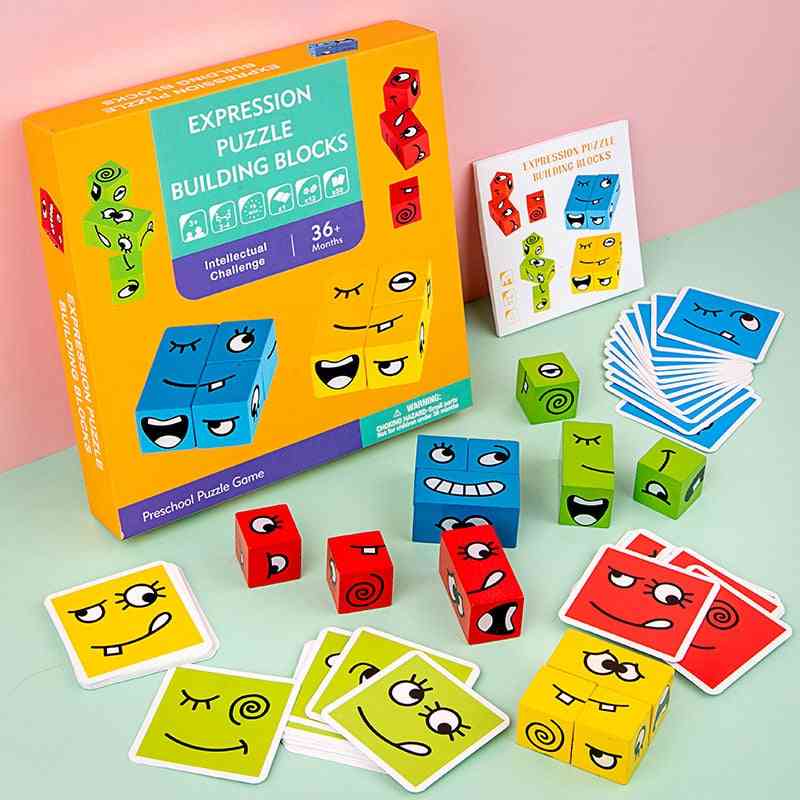 Expression Puzzles, Wooden Building Block And Cards For's Educational Learning