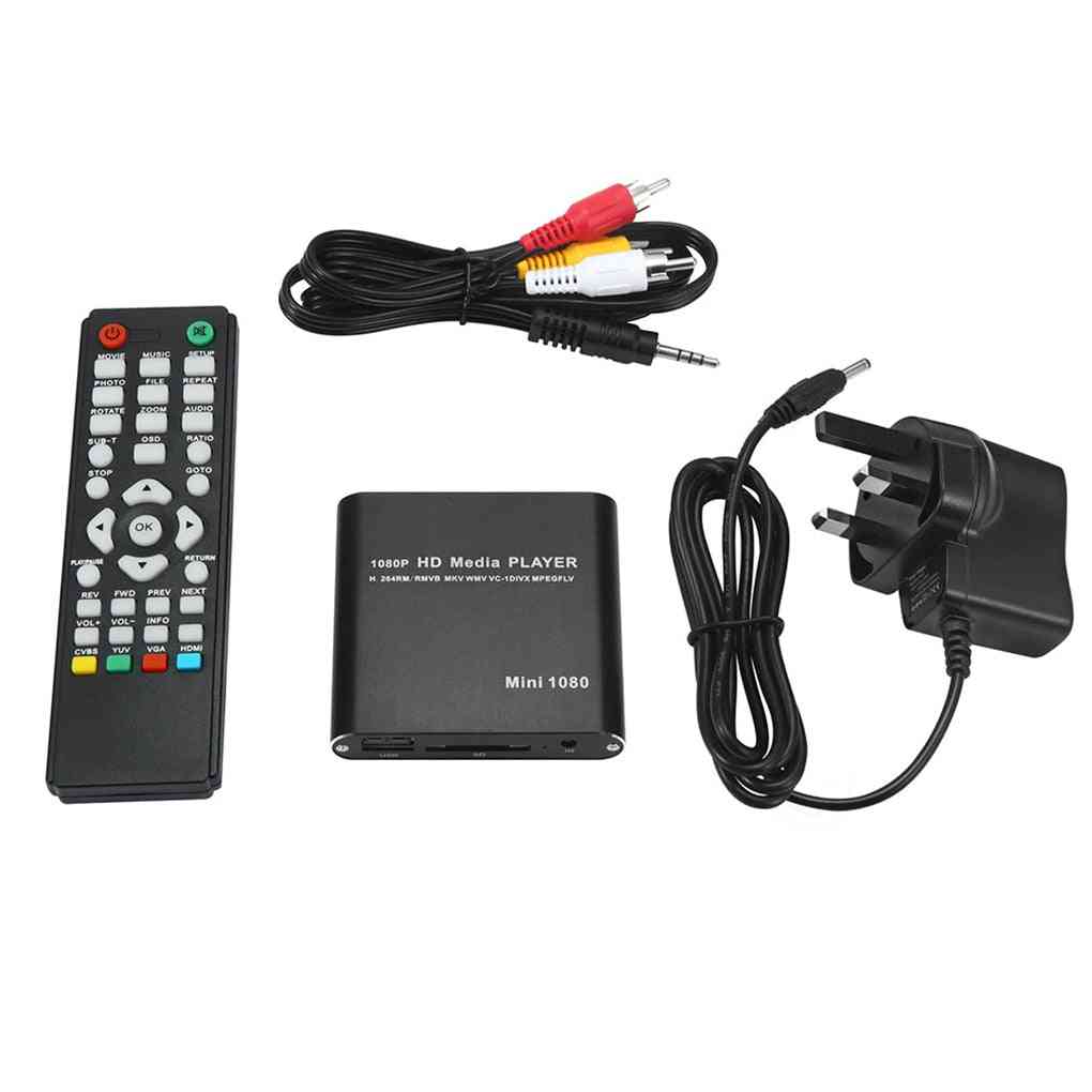 1080p, Full Hd Mini Media Player With Power Adapter And  Ir Remote Controller
