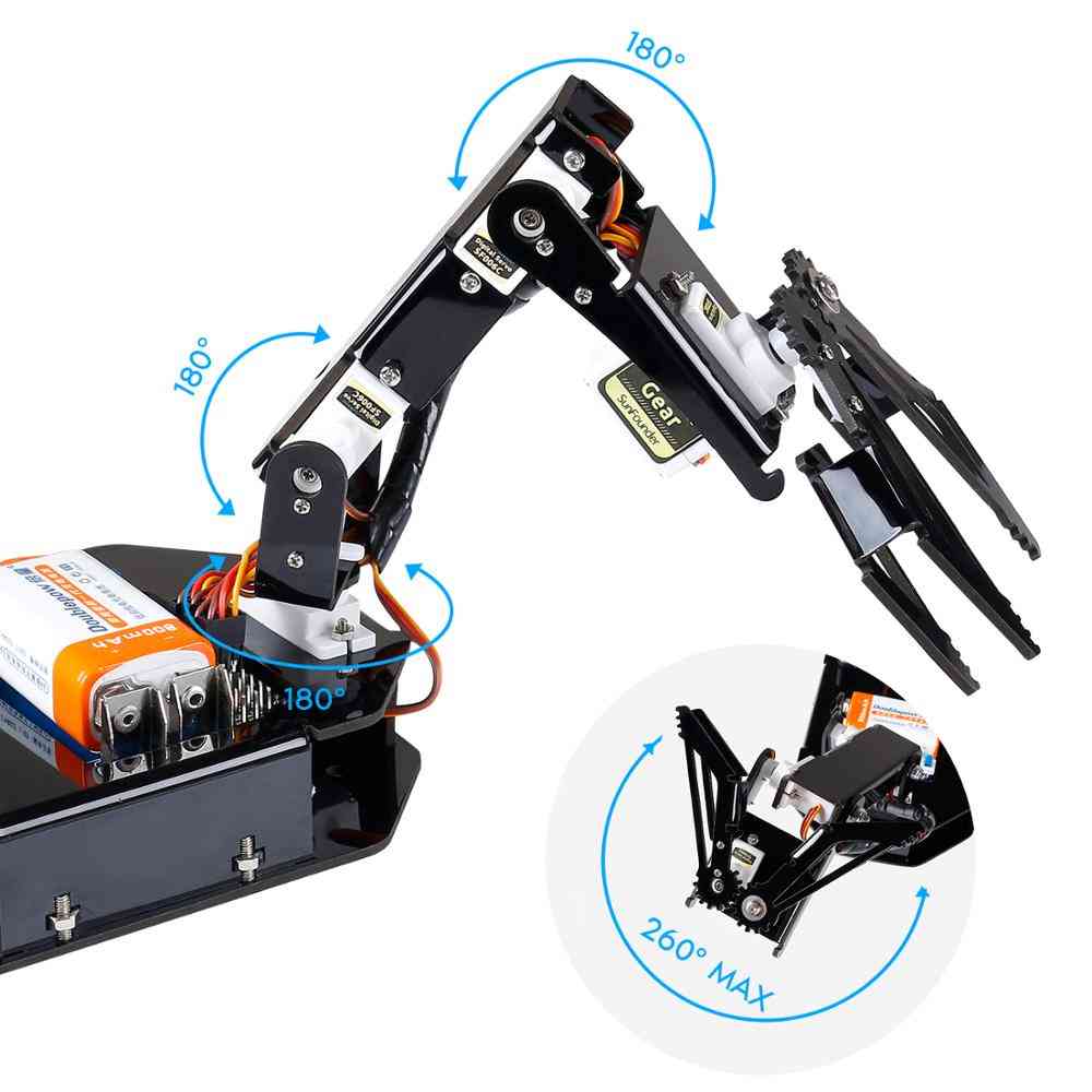 Rc programmerbar robot elctronic robotarmsats 4-axlig servostyrningsrullarm för arduino för barn (svart) -