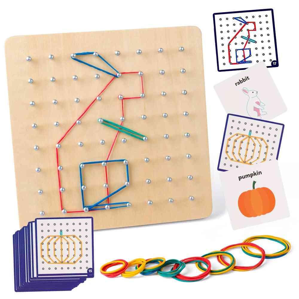 Wooden Geoboard Mathematical Manipulative Block Cards With Rubber Bands, Stem Puzzle For Kids