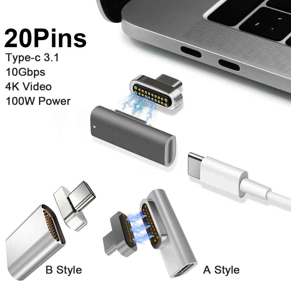 20 pins magnetisk USB-adapter, Type C-kontakt, PD 100W hurtigladning USB-hub for Macbook Pro Pixel, Samsung S10, Huawei - A Style Black