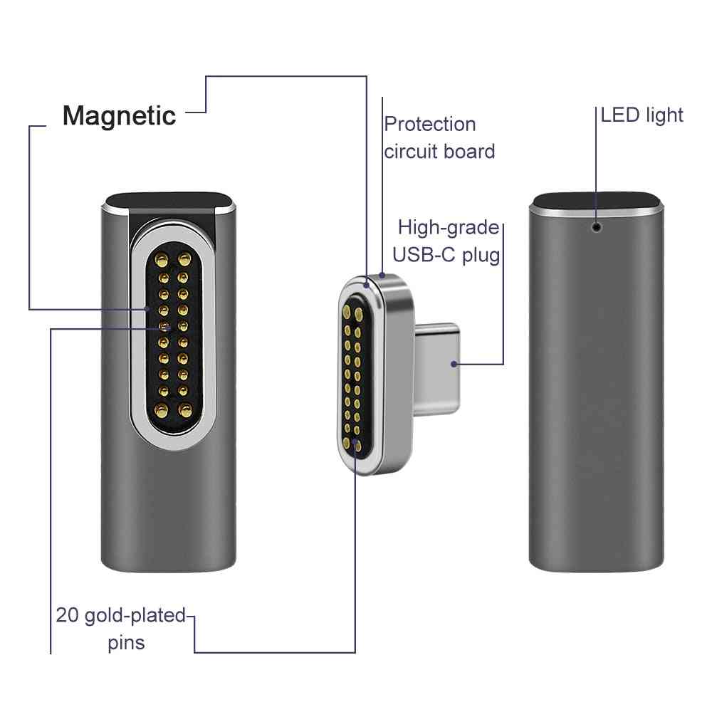 20-pinowy magnetyczny adapter USB C, złącze typu C, hub PD 100 W szybkiego ładowania USB do Macbooka Pro Pixel, Samsung S10, Huawei - A Style Black