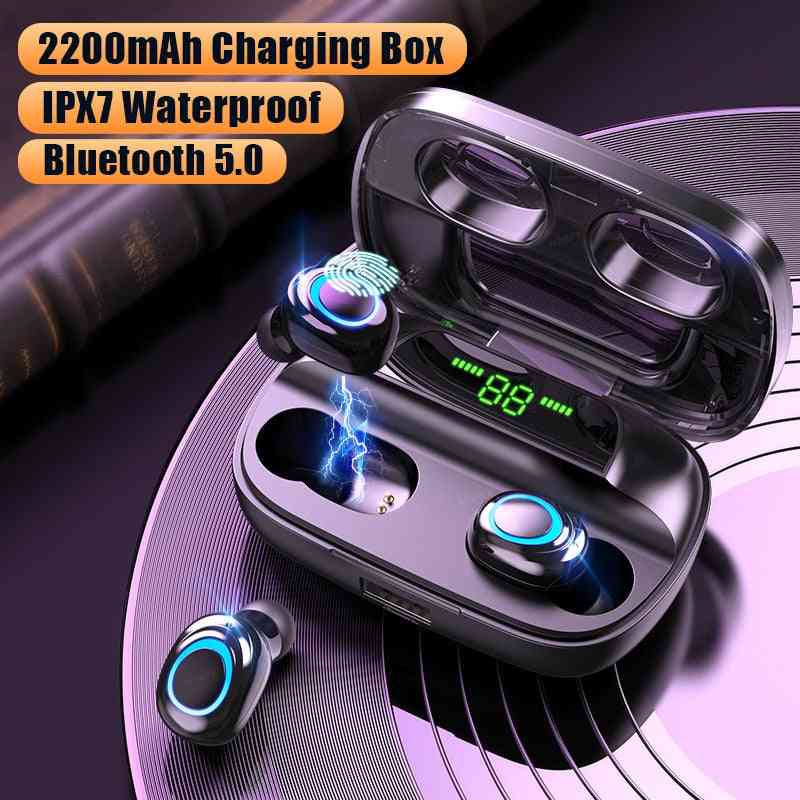Trådlösa hörlurar Bluetooth v5.0 hörlurar-LED-skärm 2200 mah laddningsbox med mikrofon vattentät hörlurs pekstyrning - svart