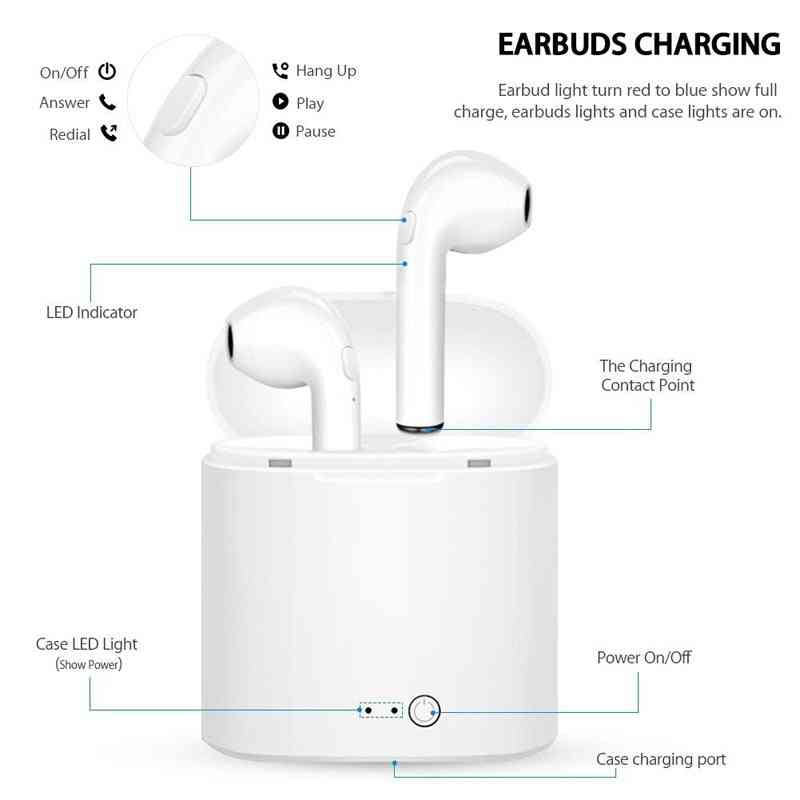 Fone de ouvido bluetooth tws i7s, fones de ouvido sem fio, airbuds, fone de ouvido viva-voz esportivo com carregador para apple, iphone android - preto