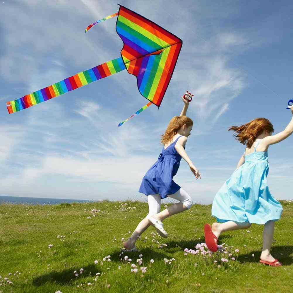 Large Colorful Rainbow Kite With Long Tail And Handle