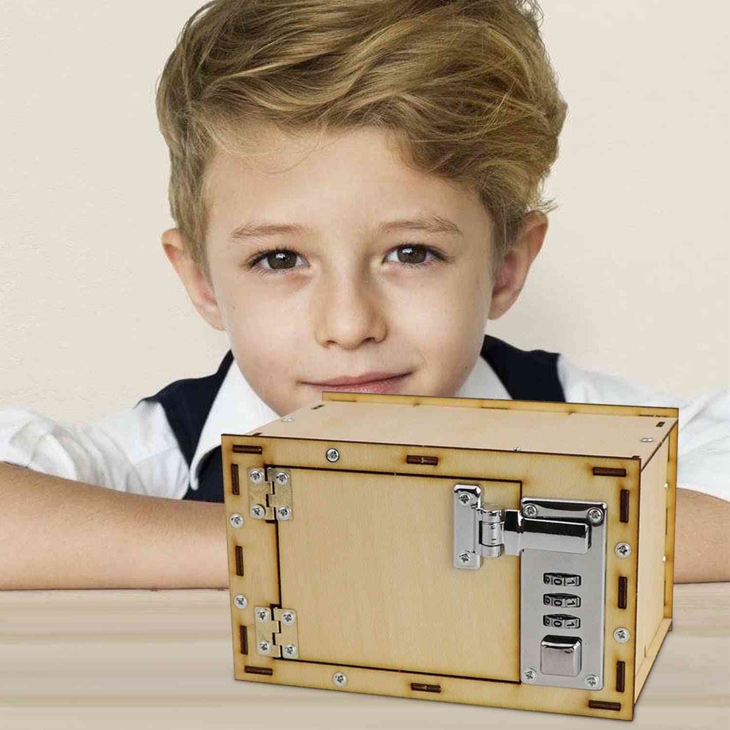 Kids Diy Assembling Wooden Mechanical Password Safe Box Model Piggy Bank Coin Pretend Play Toy