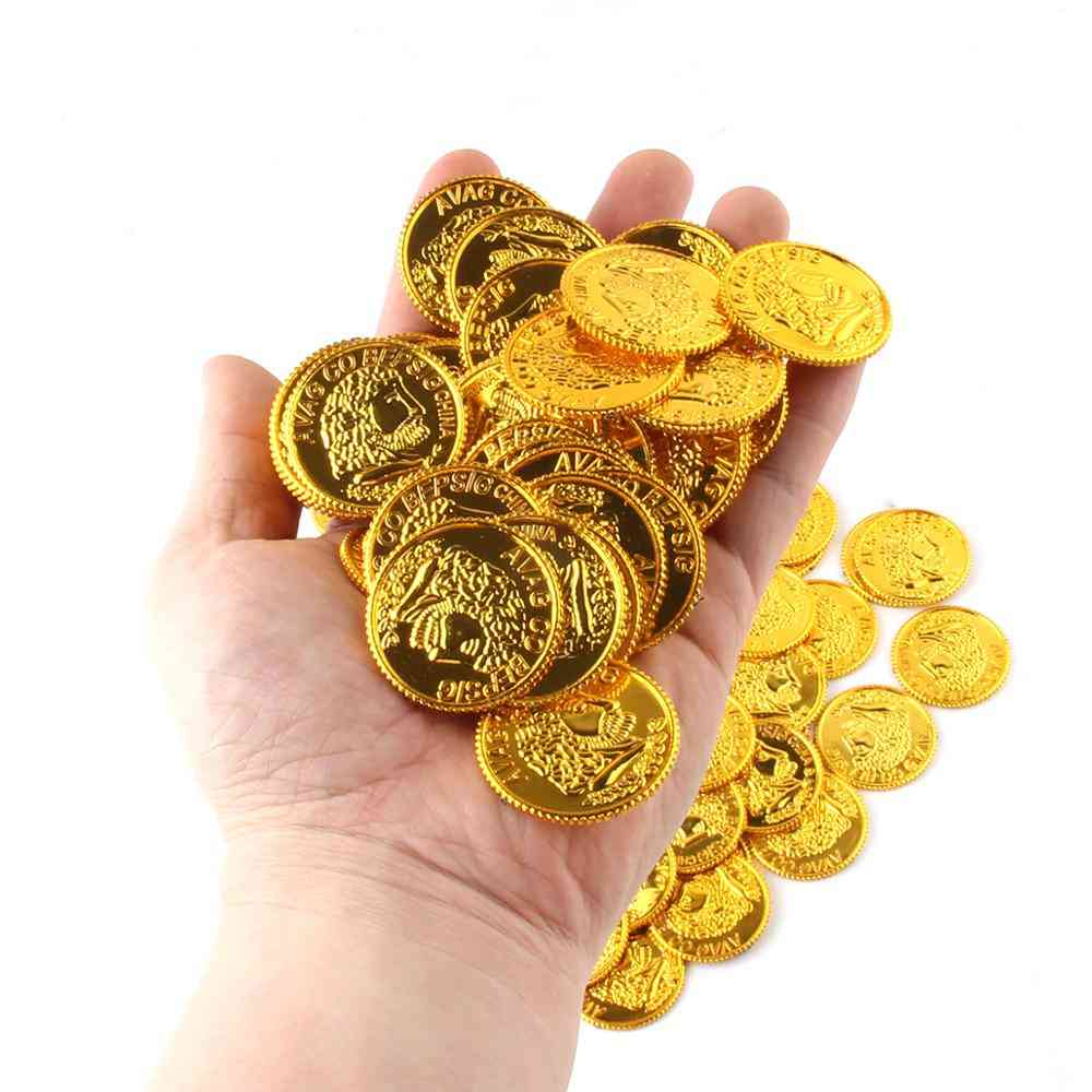 100 piezas de monedas de oro piratas de plástico de oro para jugar a favor de la fiesta, suministros para fiestas piratas, juego de búsqueda del tesoro, 100 piezas de oro pirata