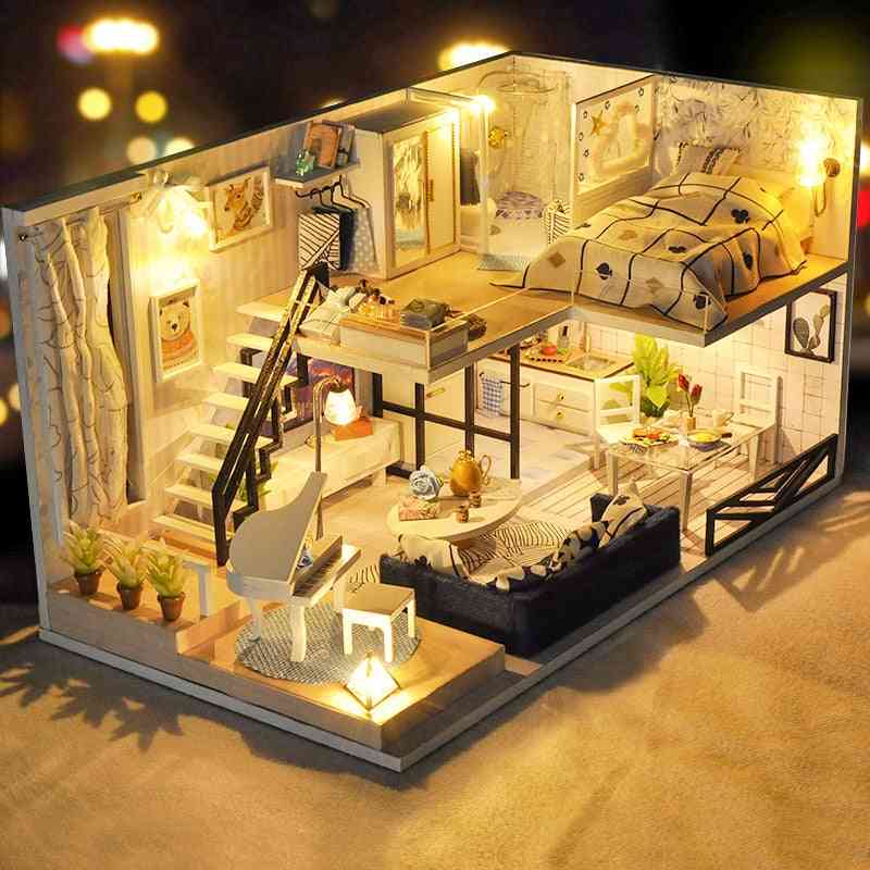 Diy House Miniature With Furniture Led Music Dust Cover Building Blocks For