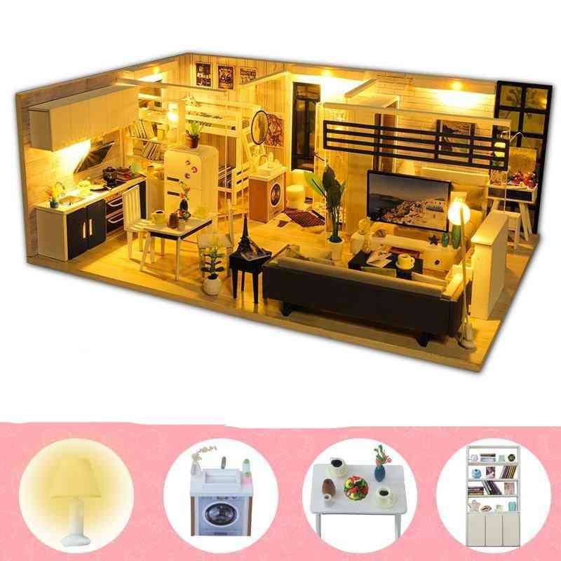 Diy House Miniature With Furniture Led Music Dust Cover Building Blocks For