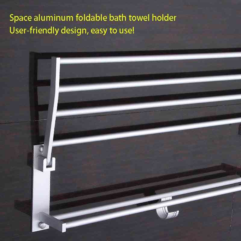 Foldable Aluminum Chrome Bathroom Towel Racks - Wall Mounted Shelf With Hooks