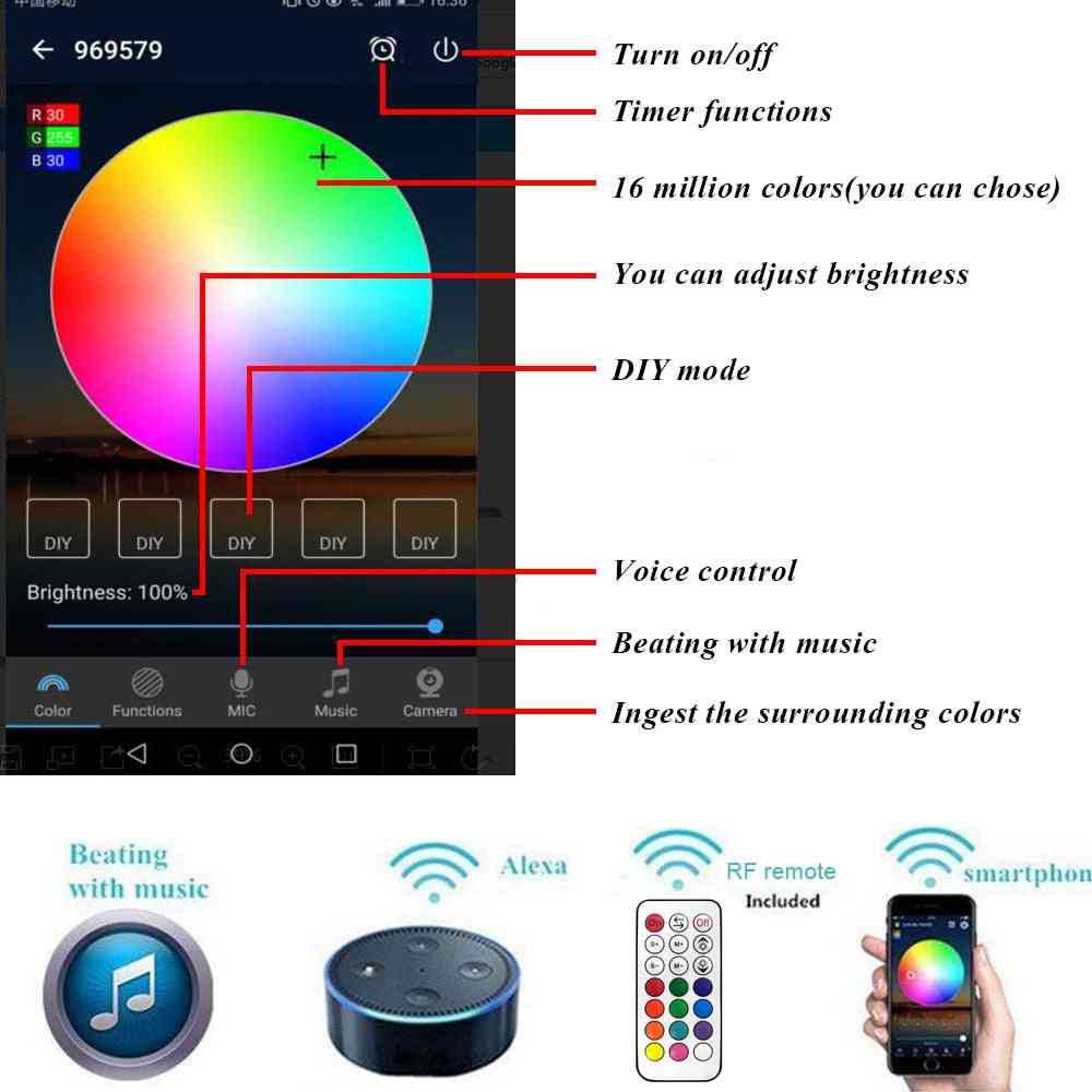 Musta wifi-sovellus RF-kauko-ohjaimen ajastin - 12V IP67 5-nastainen RGB-terassin LED-kannen valot - RGB vaihdettavissa