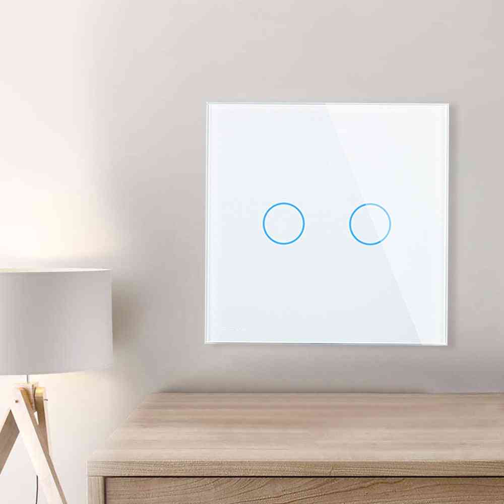 Eu standard 2-bånds 1-vejs væg-berøringslyskontakt, vægafbryder, krystalglaspanel med led-baggrundsbelysning - hvid