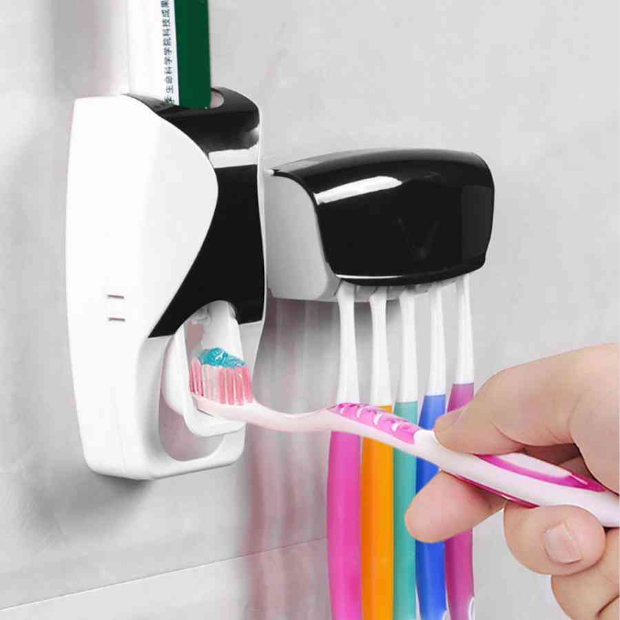 Automatisk tandkrämdispenser och väggmonterat tandborsthållarställ för familj, tvättrum, badrum