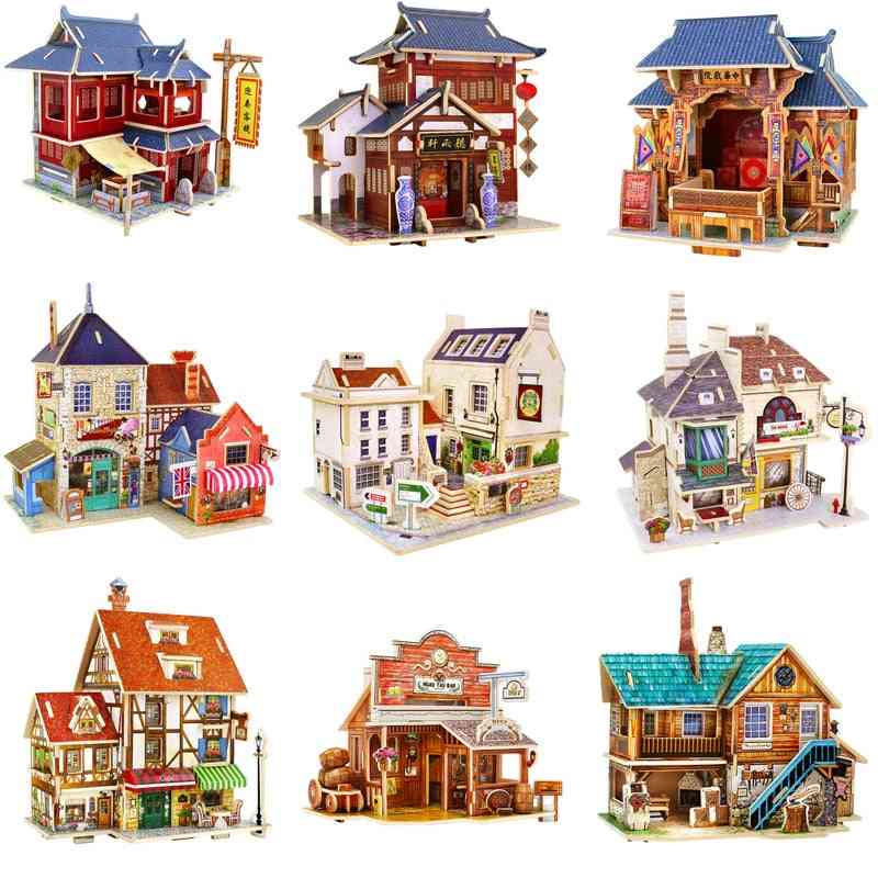 Wooden Miniature Global Style House Assemble Model Building Kits Toy For