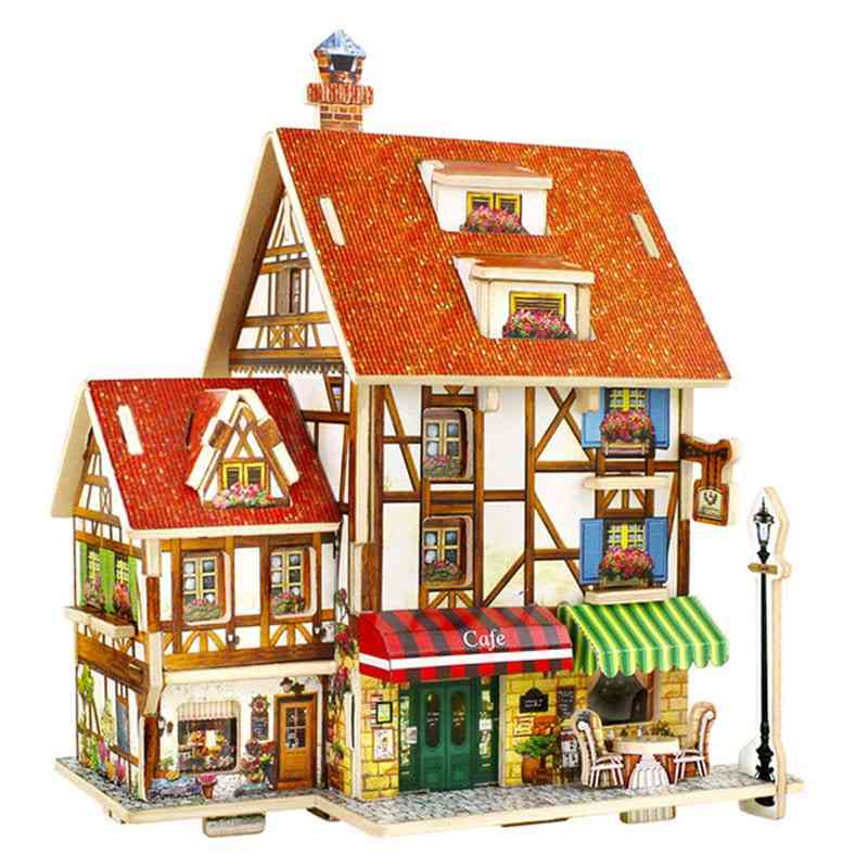 Dřevěný miniaturní dům v globálním stylu sestavuje stavebnici modelu hračky pro