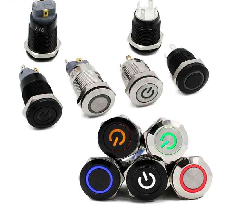 12mm Waterproof-metal Push-button Switch, Led Light Black Momentary Latching Car Engine/pc Power Switch 5v/12v/24v/220v Red/blue