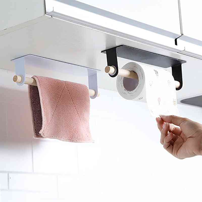 Punch Free, Self-adhesive Paper Roll And Towel Hanging Wooden Shelf