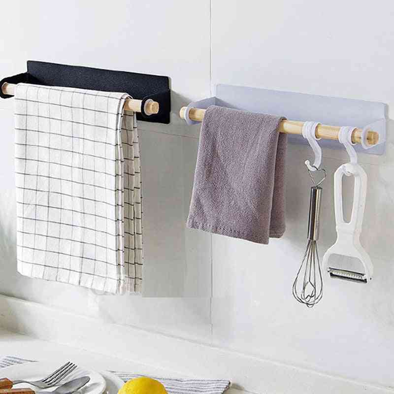 Hålfri självhäftande rullepappershållare, handduksförvaringsställ i trä, hängande hylla för kök badrum - svart