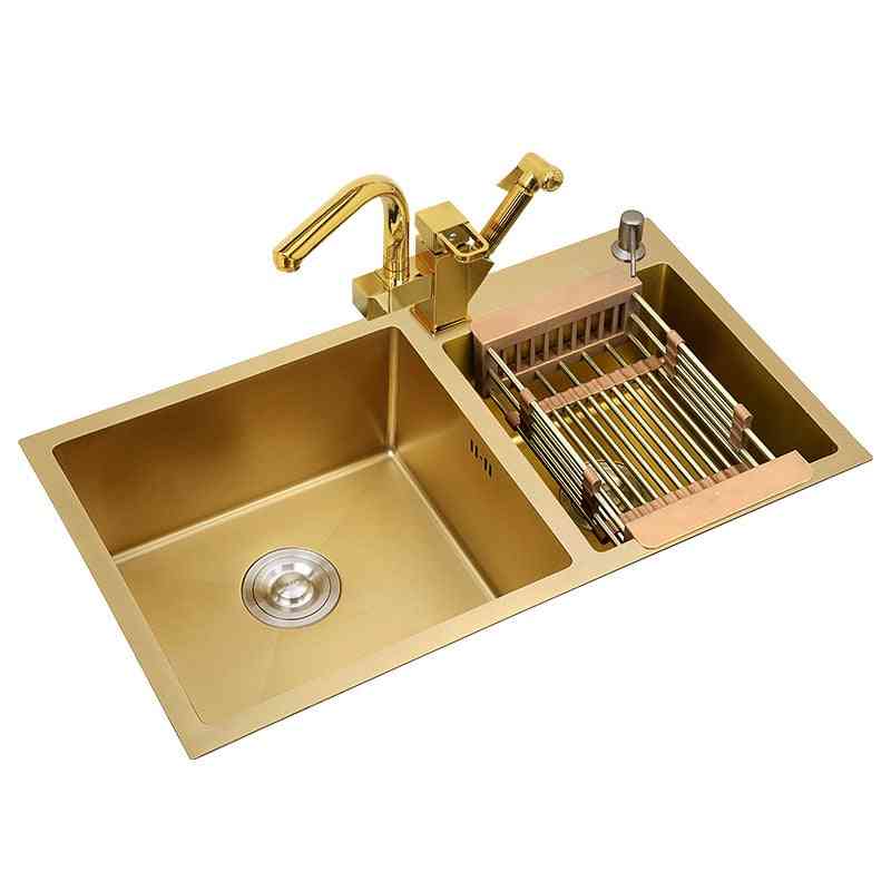 304stainless Steel Kitchen Sinks Gold Hand-thickened 4mm Double Bowl With Above Counter Nano-coating Sinks Vegetable Washing