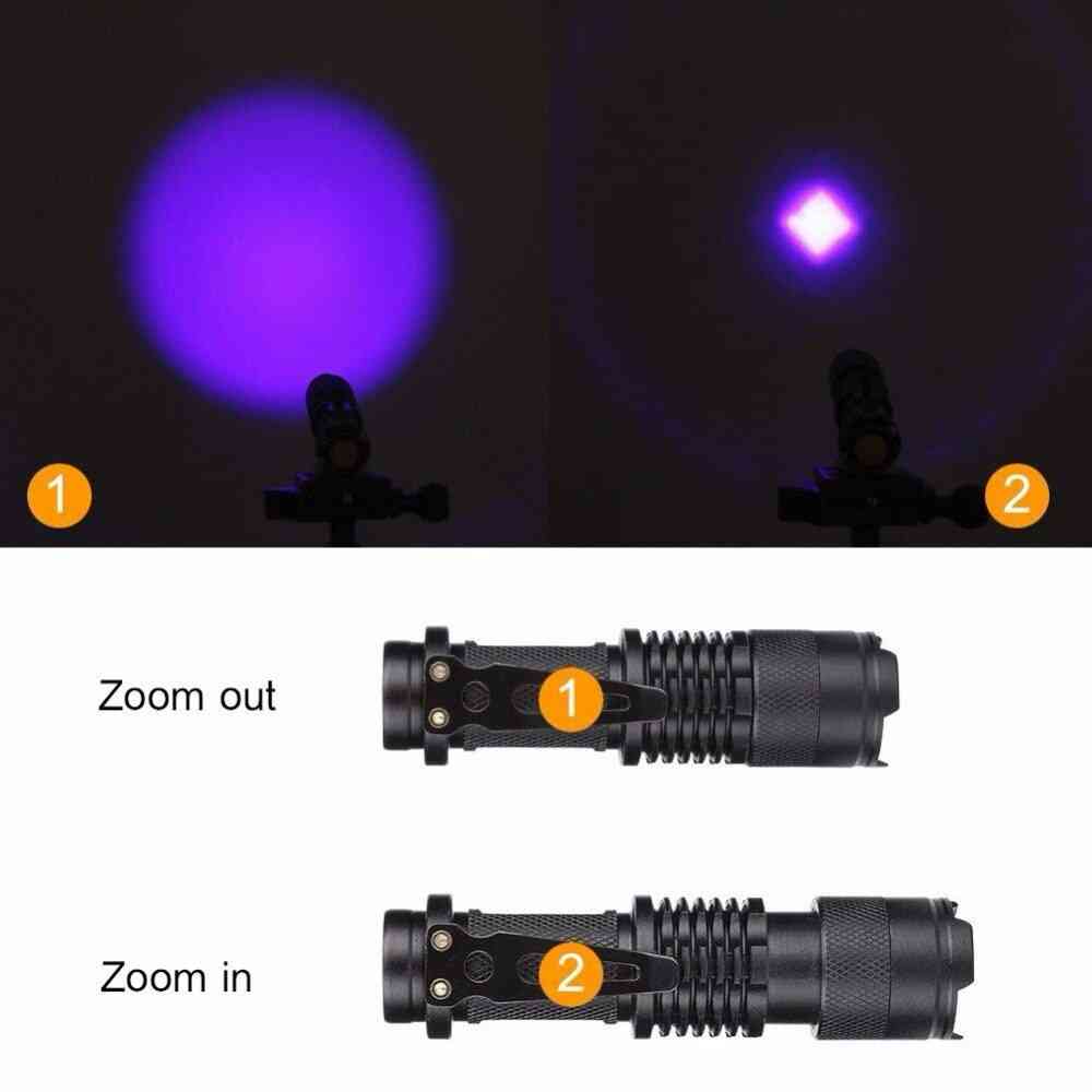 Linterna led uv 365nm 395nm luz negra escorpión luz ultravioleta para mascotas detector de orina con zoom ultravioleta recargable - paquete a / 395nm