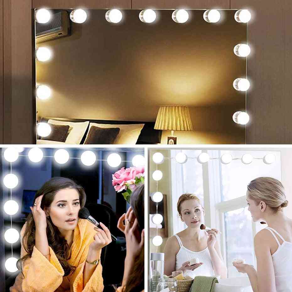 Dæmpbar makeup spejl forfængelighed ledede pærer kit, hollywood stil usb opladning super lyse bærbare kosmetiske spejl lys - 10 pærer / natur hvid