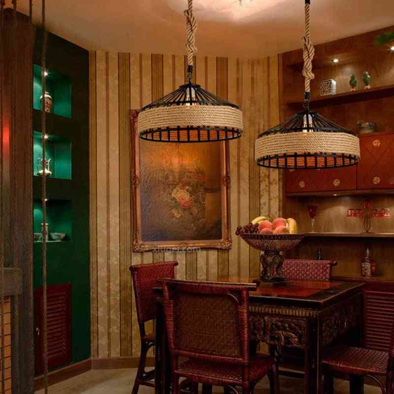 E27 hamp reb hængende lampe vintage pendel loftlampe, retro antik industriel justerbar lampe lysekrone stearinlys (sort linned) -