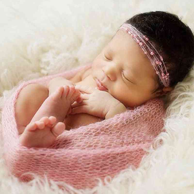 40 * 150 cm, nyfödd baby mohair fotografi wraps filt med pärlband huvudbonader - spädbarn mjuk stickad wrap tyg tillbehör - vit