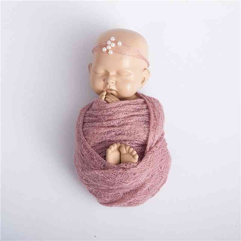 40 * 150 cm, neugeborene Baby-Mohair-Fotografie wickelt Decke mit Perlenstirnband-Kopfbedeckung - weiche Strickwickelzubehör für Kleinkinder - weiß