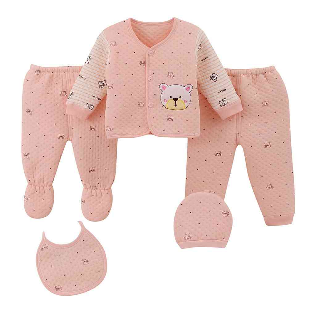 Conjunto de pijama 5pcs infantil recém-nascido cartoon - pijama para bebê menino / menina animal impresso tops de manga comprida, chapéu, calças babador roupas pijama - a / newborn