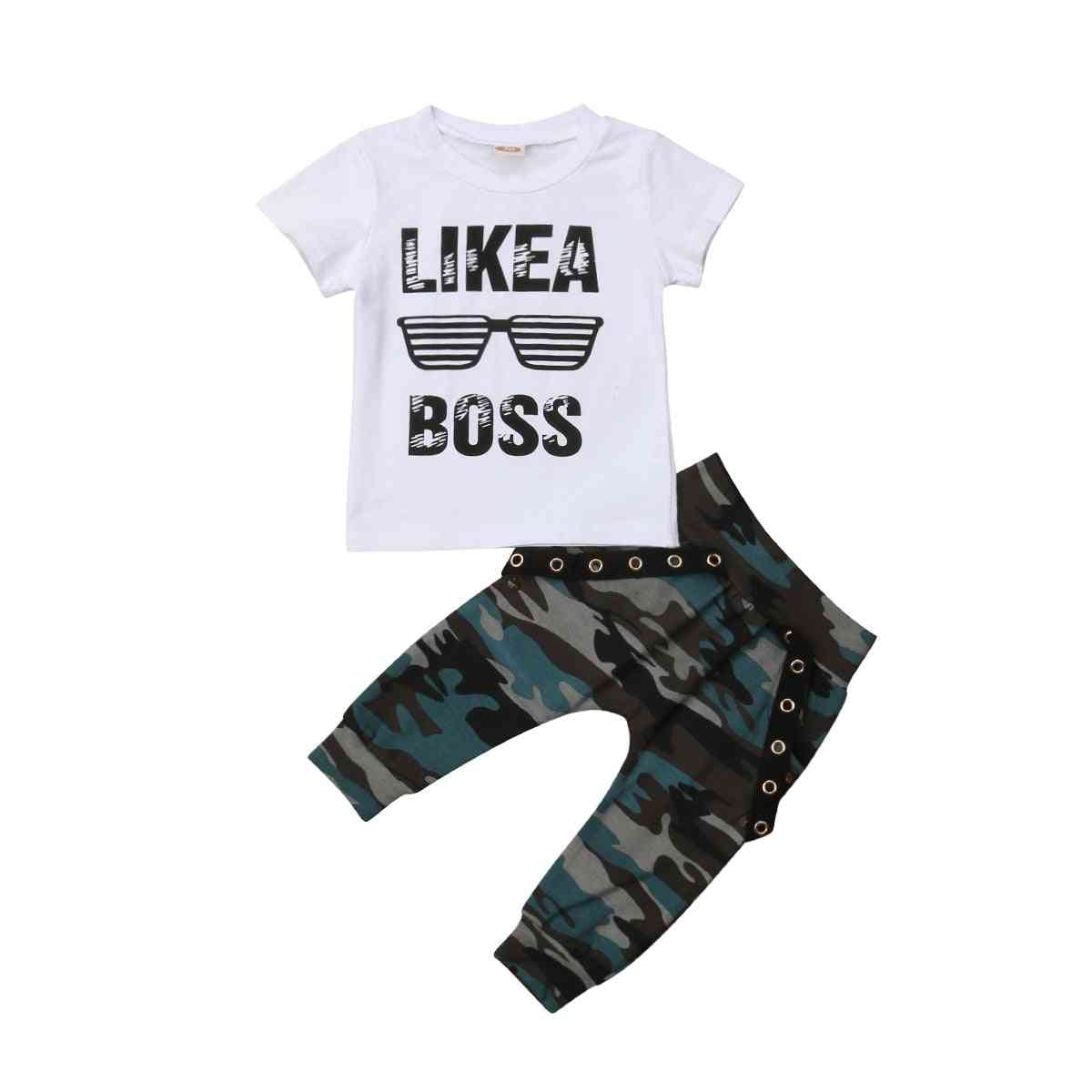 Bebês meninos roupas hip hop manga curta - verão infantil como um chefe tops t-shirt / roupas de calça camuflada - multi / 3m