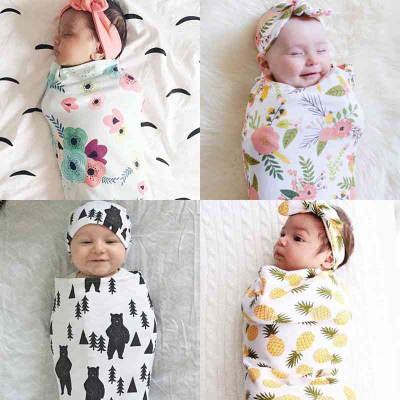 Neugeborene Baby Baumwolle Blumenwickel Wickel Wickel Kleinkinder erhalten Decke Schlafsack mit Stirnband - a