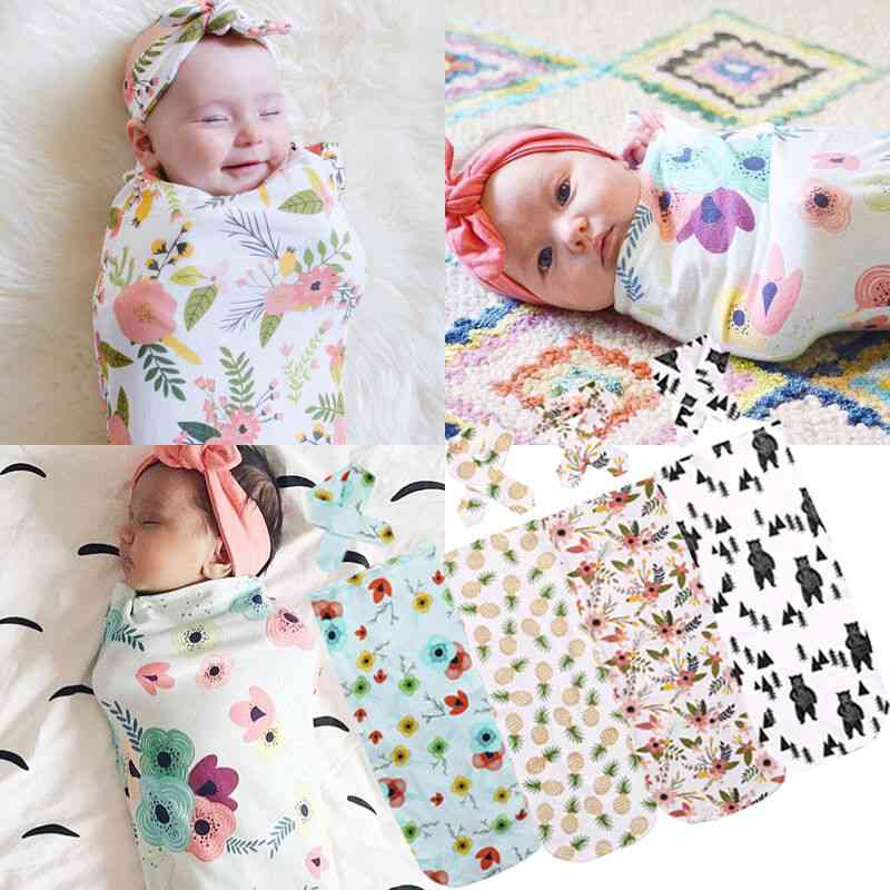 Bebé recién nacido algodón floral swaddling swaddle wrap niños bebés que reciben manta saco de dormir con diadema - a