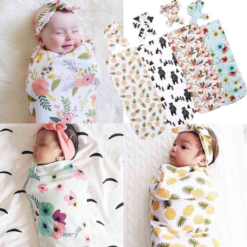Bebé recién nacido algodón floral swaddling swaddle wrap niños bebés que reciben manta saco de dormir con diadema - a