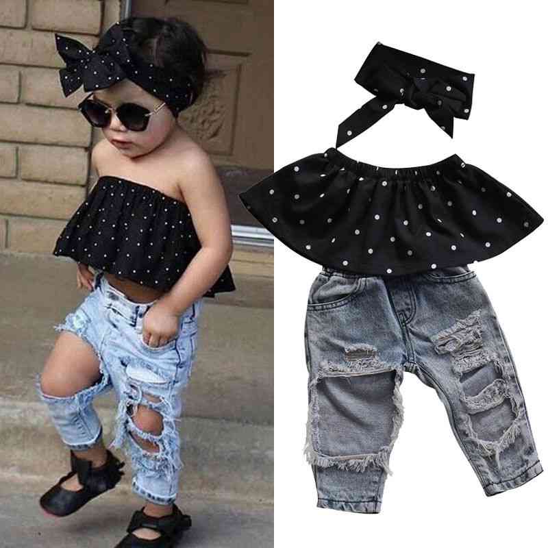 Noworodka Baby Girl Odzież Dot Bez Rękawów Top Kamizelka Dziura Dżinsy Spodnie Stroje Casual Summer Fashion