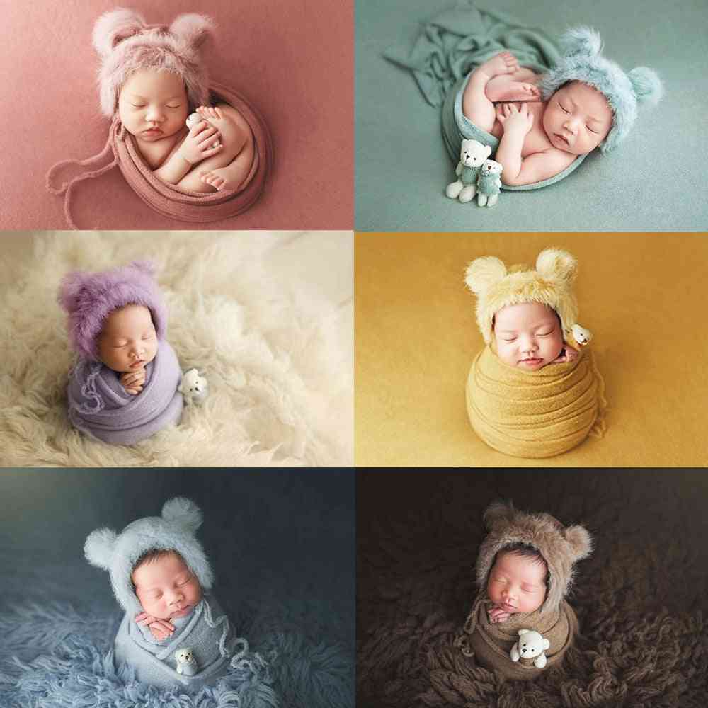 Newborn Infant Photography Wraps, Knitted Props Faux Hat, Strong Stretch Blanket