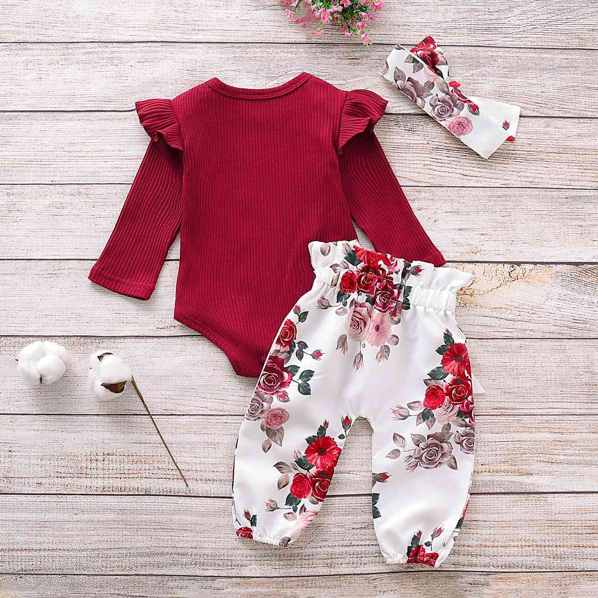 Newborn Baby Girl Clothes Knitting Cotton Long Sleeve Romper Tops Flower Print Pants Headband Outfits