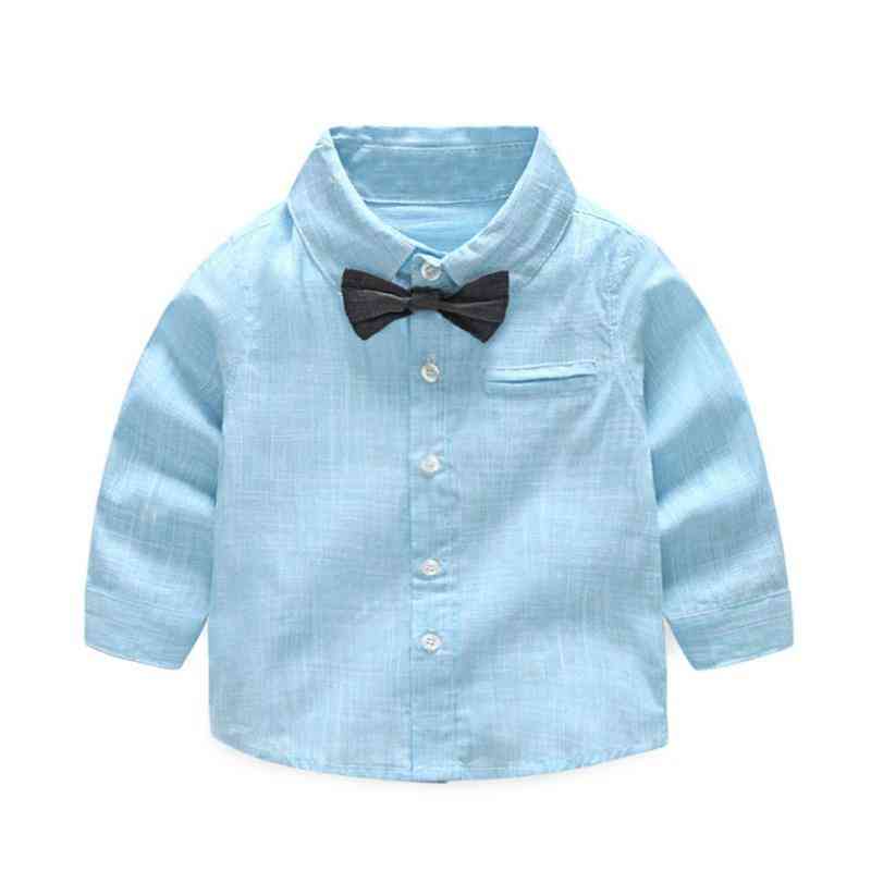Summer Baby Boy Shirt, Formal Cotton Bow Tie Blouse, Striped Long Sleeve Casual Top