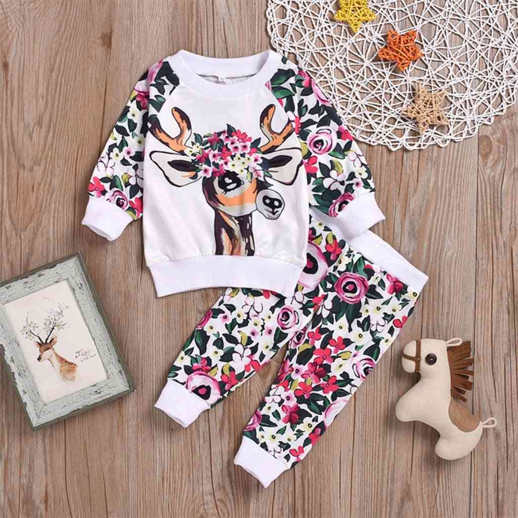 Cartoon Deer And Floral Printed-tops And Pant Set For Kids