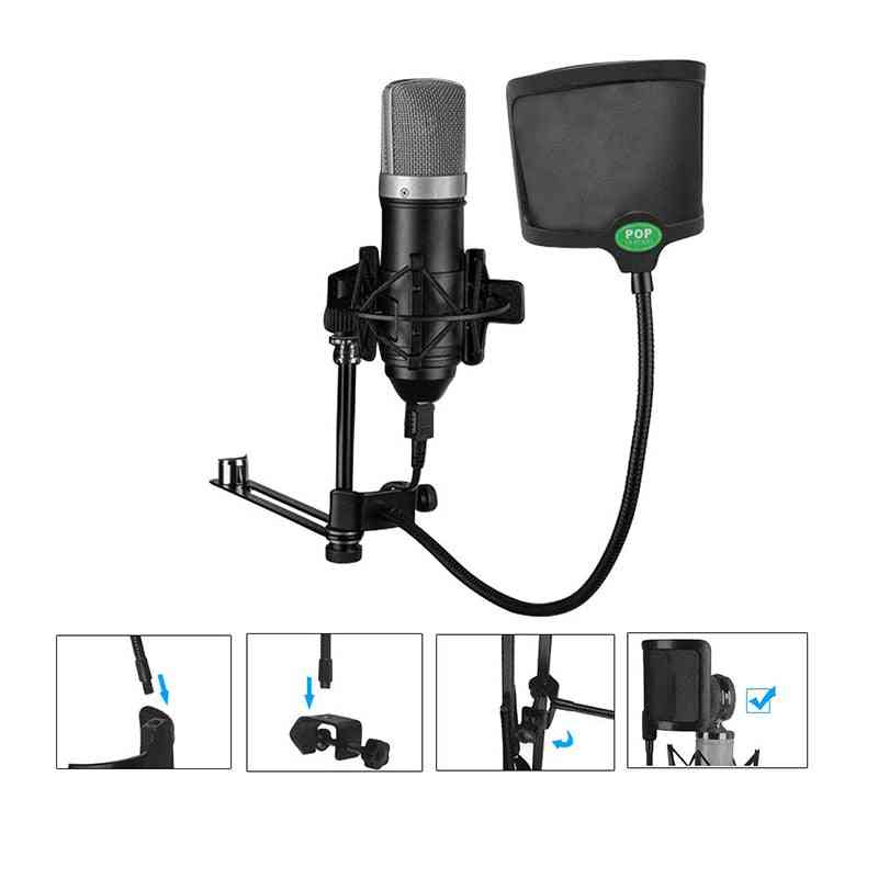 Condenser Microphone Pop Filter Shield, Wind Screen Universal Mic Stand Mounting Blowout Preventer Bracket
