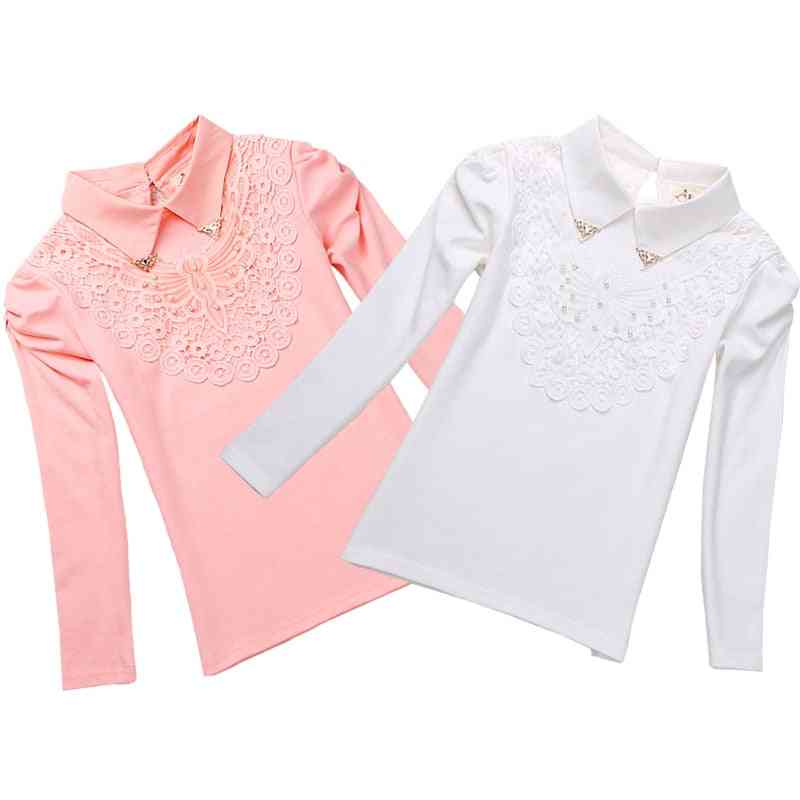 Kids Fashion, Solid Turn-down Lace Flower Cotton Blouses