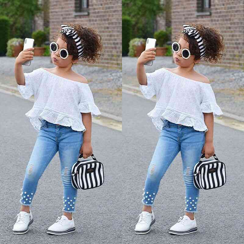 Girls Outfit Summer Off Shoulder Flare Sleeve Top & Hollow Jeans, Clothing