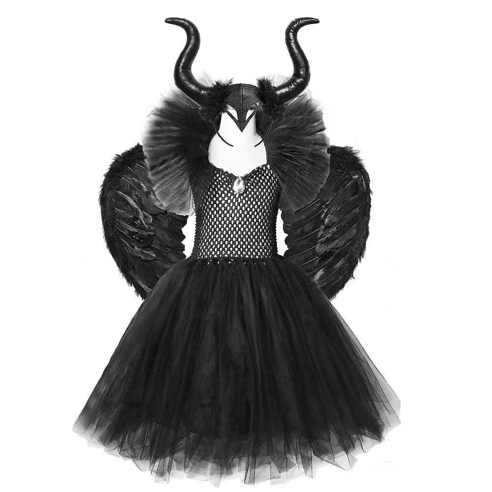 Illvilliga halloween-dräkter, tjejklänningar för barnflickor, klänningar i ankellängden - djävulskostym cosplay-outfits horn vingar - endast klänning / 2t