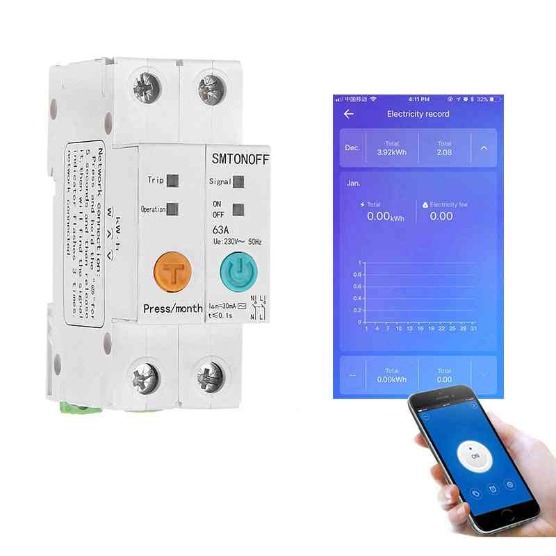 Eenfase din rail wifi smart energy meter lekkage bescherming remote lezen kwh wattmeter voice control alexa (63a 85-265 v)