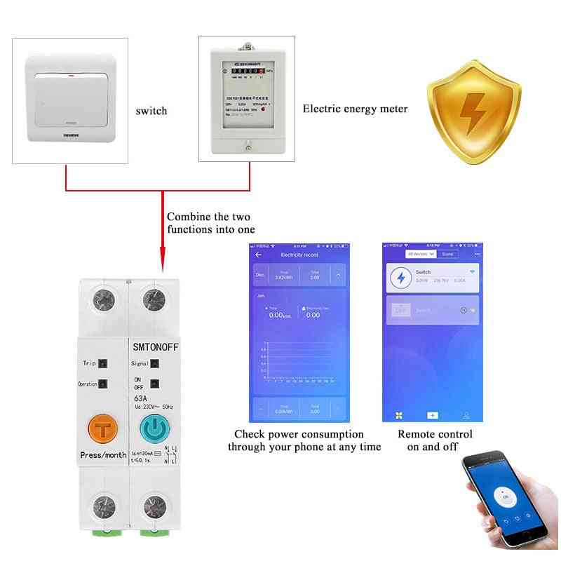 Eenfase din rail wifi smart energy meter lekkage bescherming remote lezen kwh wattmeter voice control alexa (63a 85-265 v)