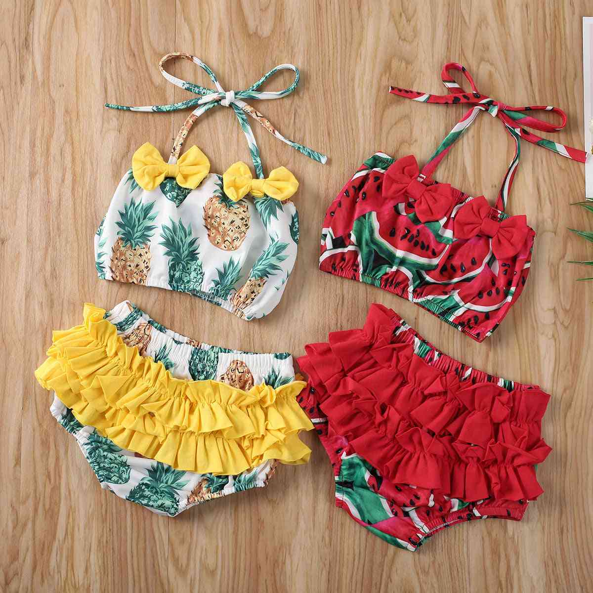 Kislány nyári ananász és görögdinnye nyomtatású fürdőruha bikini szett, fodros bowknot fürdőruha