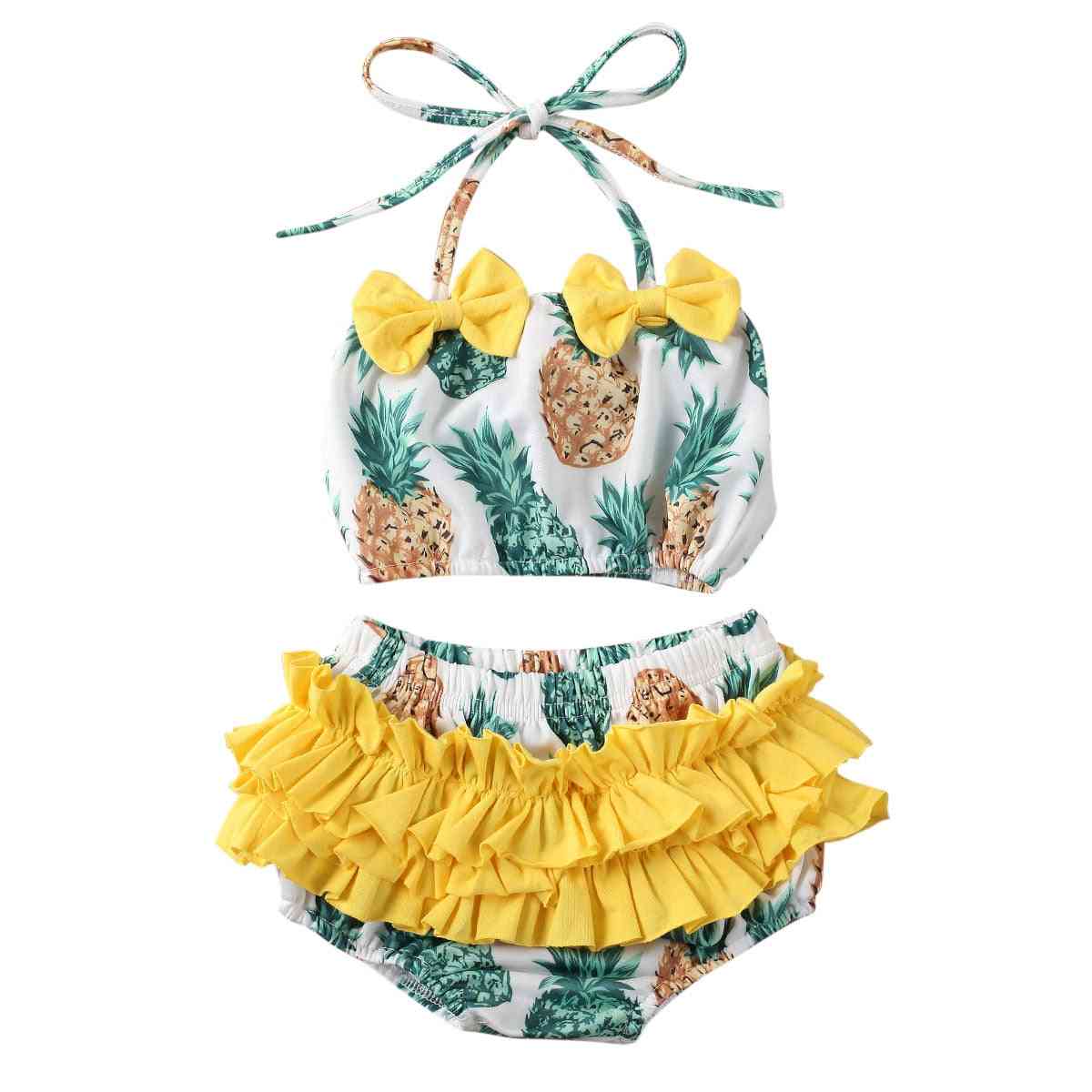Kislány nyári ananász és görögdinnye nyomtatású fürdőruha bikini szett, fodros bowknot fürdőruha