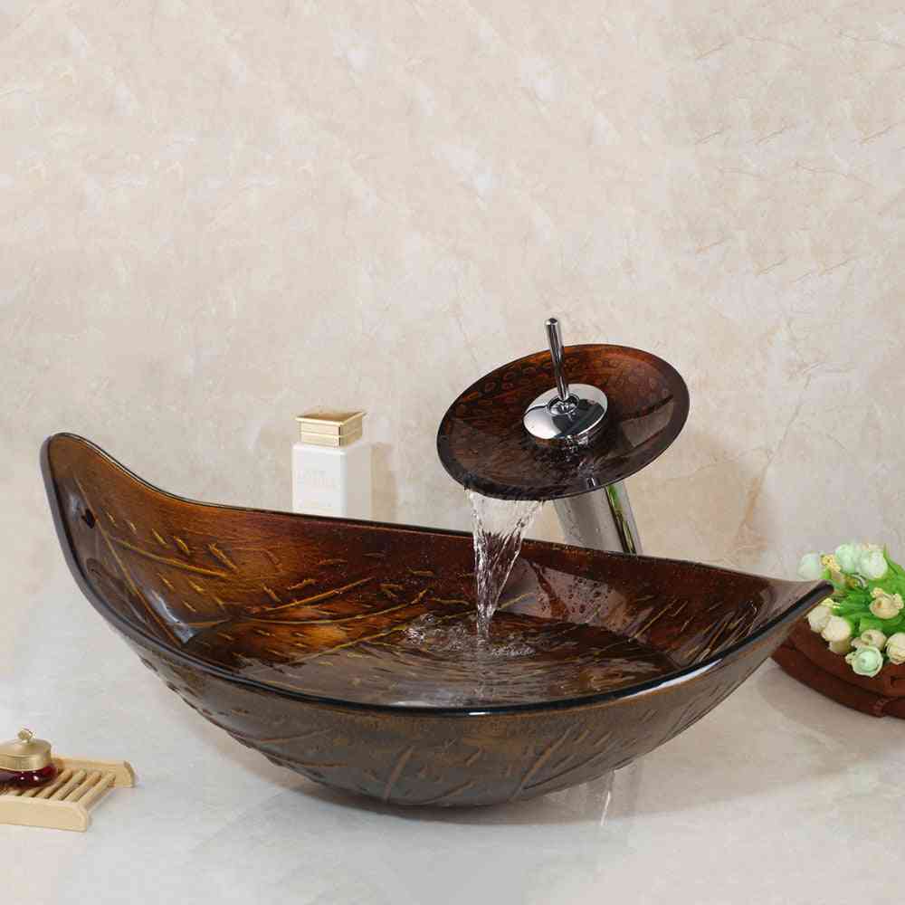 Leaf Art Washbasin With Waterfall Faucet-tempered Glass Sink Set