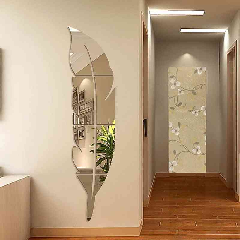 Diy pluma pluma 3d espejo etiqueta de la pared para sala de estar, arte decoración del hogar, calcomanía de vinilo adhesivo acrílico decoración mural - plata 15.3x72cm